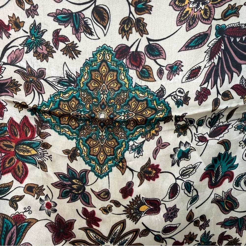 Large 42” Floral Silk Scarf Colorful Shawl Multi Border Red Green Gold Burgundy - Picture 3 of 7